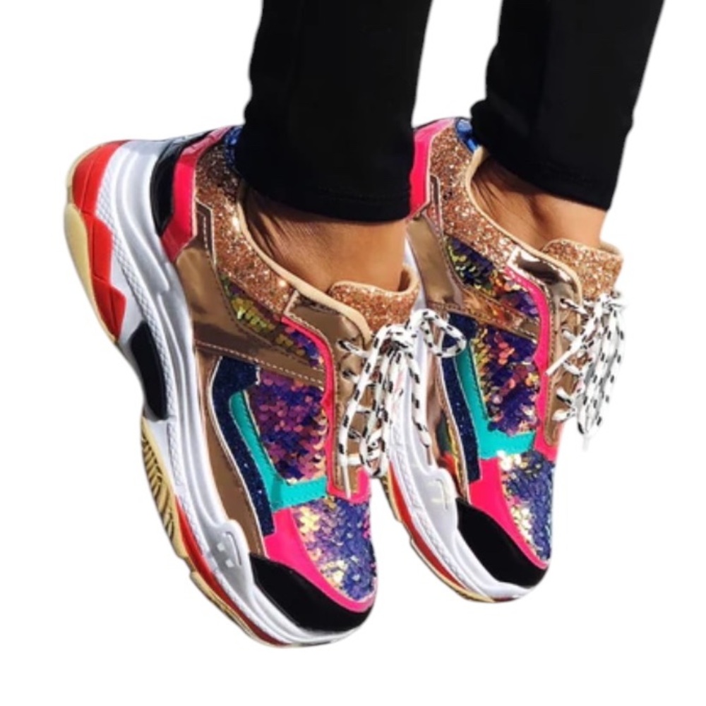 Pink,Gold Multi colored,Chunky Sneakers,shoes,sequins throughout, Size 7, New - Picture 10 of 10